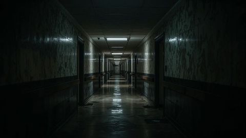 Dimly Lit Abandoned Institutional Corridor with Vintage Atmosphere