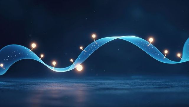 Luminescent blue ribbon with glowing orbs in digital fluidity