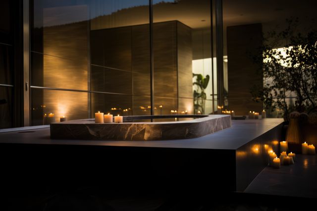 Candle lit relaxation pool room at modern health spa, created using generative ai technology. Health spa, wellbeing, architectural design and luxury concept digitally generated image.
