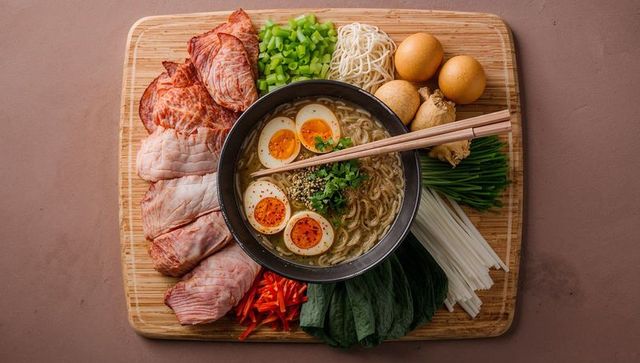 Artisan ramen flatlay with soy-marinated eggs, chashu pork, noodles and fresh greens