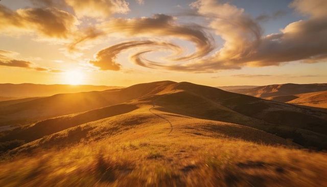 Golden Ridge Trail at Sunset with Winding Path and Dramatic Spiral Cloudscape
