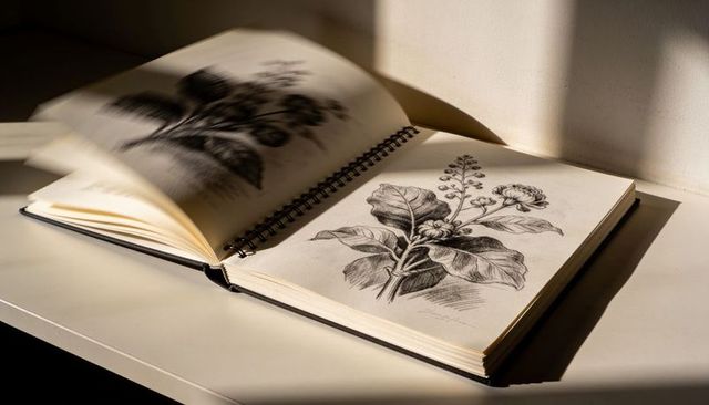 Botanical sketchbook turning page with graphite illustration and dramatic sunlit shadows