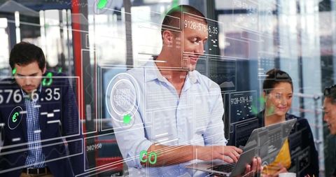 Futuristic Data Analysts Collaborating in Modern Workplace