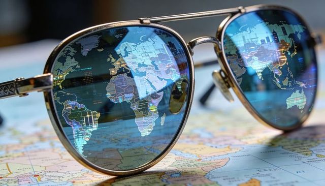Aviator Sunglasses Reflecting Digital World Map with City Lights Over Vintage Atlas