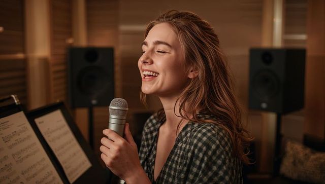 Woman singing with microphone in acoustic studio setting