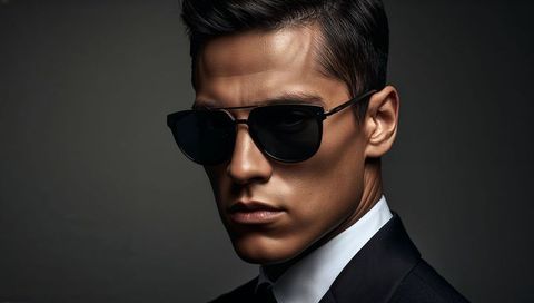 Male model wearing aviator sunglasses dramatic moody studio headshot fashion portrait