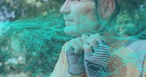 Cyclist Preparing for Ride in Park with Digital Overlay