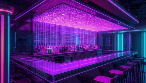 Futuristic neon bar interior with glowing u-shaped counter and mirrored glass rack