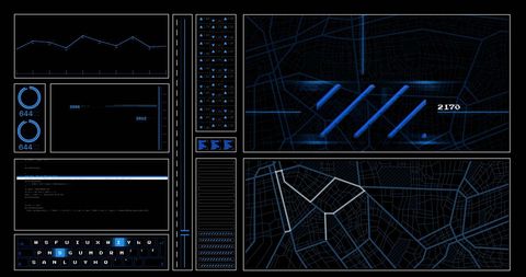 This image showcases a modern digital display filled with data processing and analysis visuals, including charts, graphs, and map grids all depicted with blue highlights. The contrasting dark background enhances the rich blue colors giving it a cutting-edge, high-tech appearance. Ideals are for using it in announcements or marketing technology products focused on data analytics or for encapsulating concepts related to futuristic computing and software development processes in presentations or digital media.