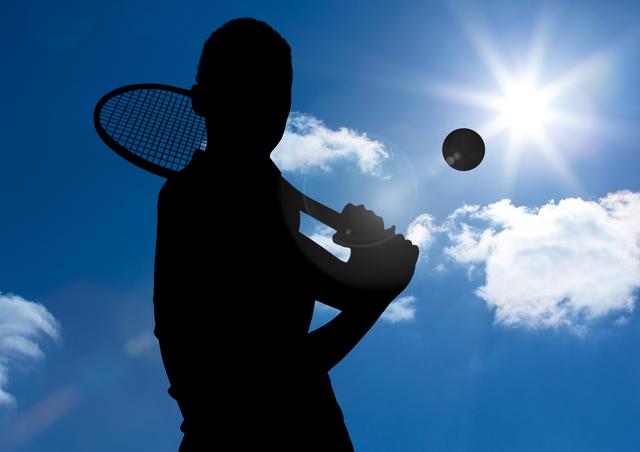 Digital composition of silhouette of player playing tennis against sky in background