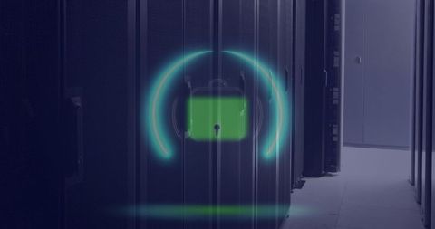 Cybersecurity concept with digital lock on server cabinets