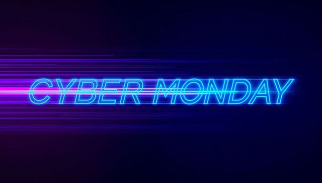 Glowing Neon Cyber Monday Banner with Cyan Magenta Motion Streaks on Navy Backdrop