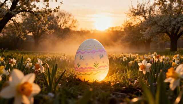 Glowing pastel easter egg radiating warm light in daffodil meadow at sunrise