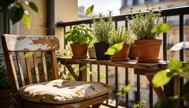 Sunlit balcony herb garden featuring weathered wooden chair and terracotta planters