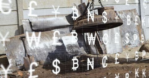 Currency symbols overlay on magnet cranes at junkyard
