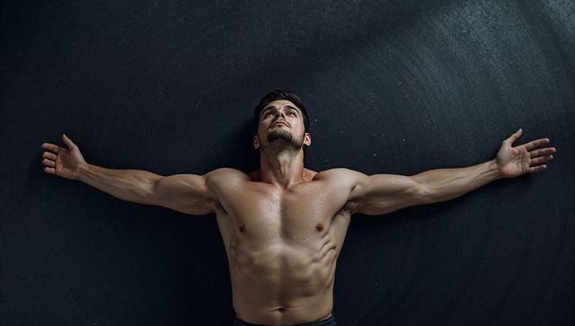Muscular man extending arms on dark circular mat showcasing chiseled torso and abs
