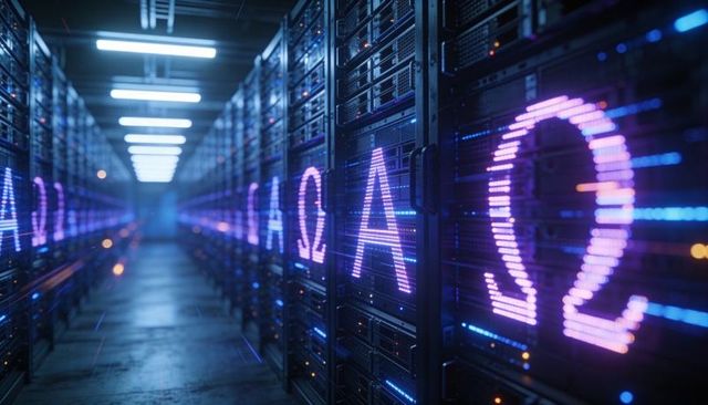 Futuristic Data Center Aisle with Neon Omega LEDs Glowing on Server Racks