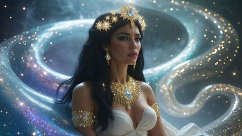 Celestial Queen in Stardust Gown Under Cosmic Night Sky