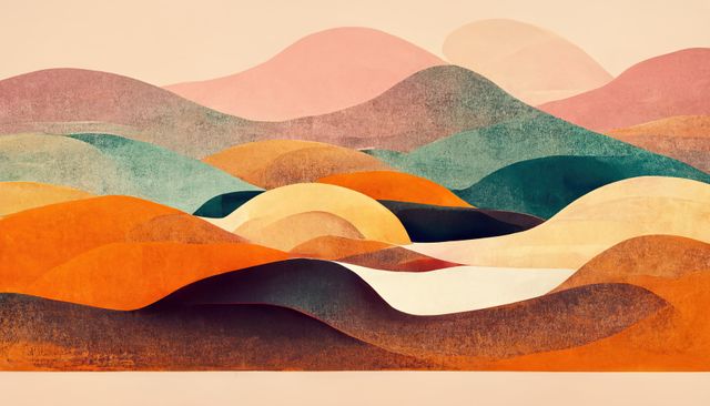 This abstract landscape, featuring colorful desert and mountain shapes, is ideal for modern art enthusiasts. The vibrant colors and geometric shapes make it suitable for home decor, office spaces, or as a visual enhancement in creative projects. It can be used for print material, digital backgrounds, or inspiring wall art.