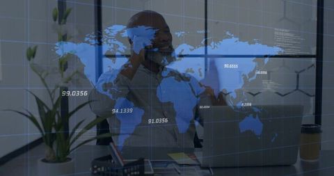 Business Professional Using Smartphone with Digital Map Overlay