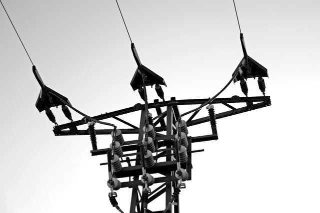 Black and white image showing high voltage power lines against a clear sky, highlighting electrical infrastructure. This image can be used for articles on energy, technology, engineering, or industrial themes.