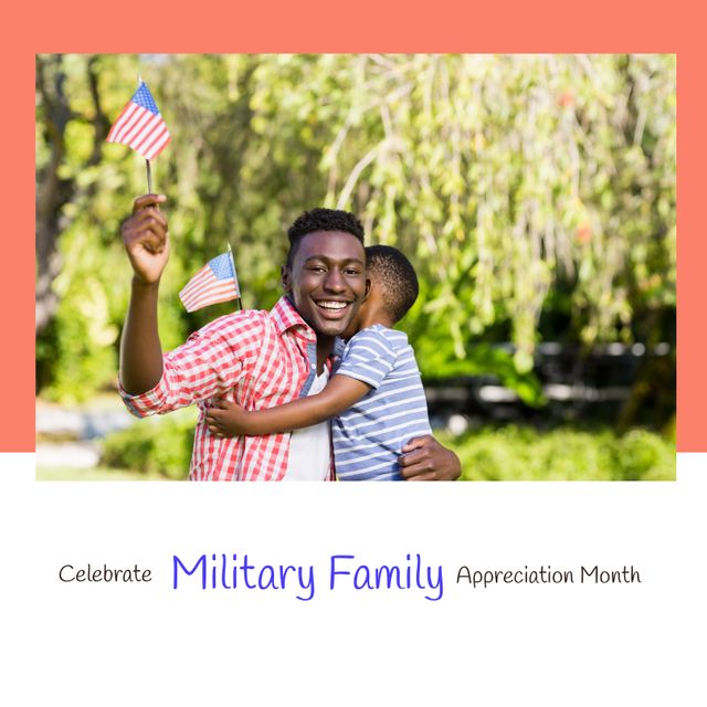 This image depicts an African American father and son embracing outdoors while holding USA flags to celebrate Military Family Appreciation Month. The father appears enthusiastic and joyful, creating a warm scene of community and family bonding. Ideal for use in campaigns, social media posts, newsletters, or advertisements focusing on supporting and honoring military families and national observances.