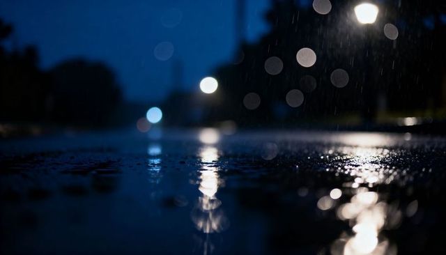 Wet asphalt reflecting streetlights at night, raindrops falling, puddles glowing with bokeh