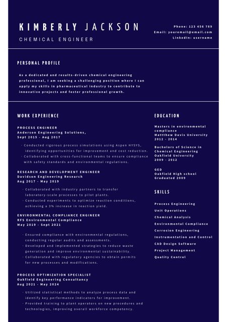 This modern professional chemical engineer resume template, elegantly designed in navy blue, highlights personal professional profile, work experience, education, and skills. Ideal for chemical engineers and engineers needs professional CV to enhance job application. Allows you to modify content easily to cater to specific job requirements. Excellent for presenting detailed qualifications in a visually appealing format.