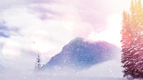 Magical Winter Wonderland with Snowy Mountains and Glowing Lights