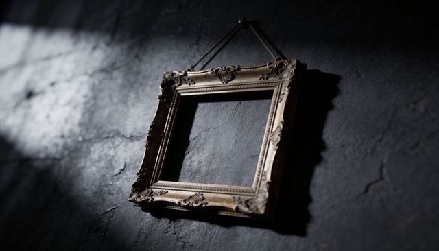 Ornate gilded decorative frame hanging empty on cracked plaster wall casting dramatic shadow