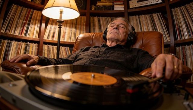 Senior man reclining in leather chair with headphones listening to vinyl on turntable