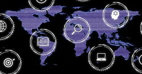 Displaying digital world map with glowing hud icons visualizing global analytics