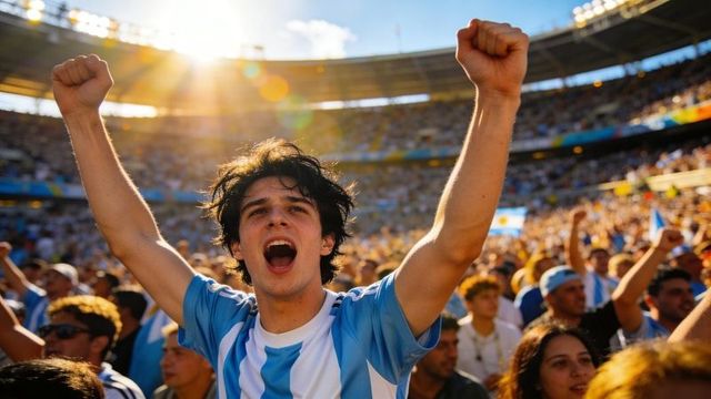 Young argentina soccer fan cheering and raising fists in packed stadium celebration