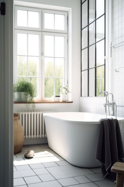 Sunny modern bathroom with french windows and view to trees, created using generative ai technology. Contemporary bathroom interior design and natural light concept digitally generated image.