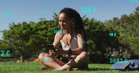 Woman Connecting Devices Outdoors in Park with City Symbols