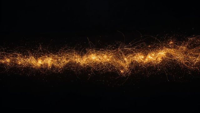 Shimmering golden light ribbon with dynamic spark trails across dark cinematic background