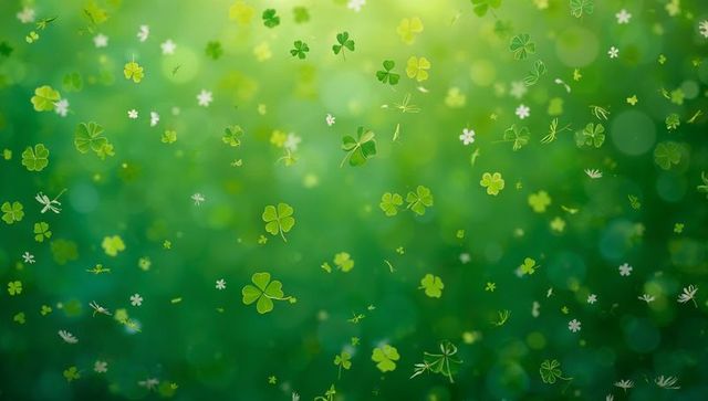 Floating clovers and tiny wildflowers drifting across sunlit bokeh green meadow background