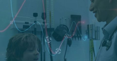 Smiling boy talking to doctor during pediatric checkup with vital sign waveform overlay