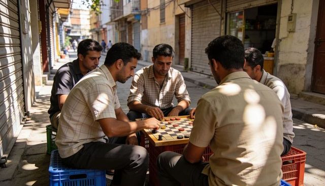 Five men playing checkers on crates in sunlit alleyway urban street leisure scene