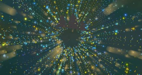 Vibrant Cosmic Light Burst with Pine Silhouettes