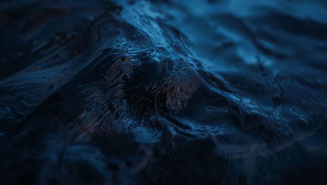 Macro glossy dark liquid surface with blue-teal ripples and droplets, moody closeup