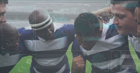 Rugby Players Strategizing in Unity and Focused Team Huddle