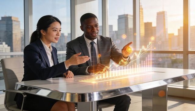 Asian woman and black man using holographic financial charts for strategic growth