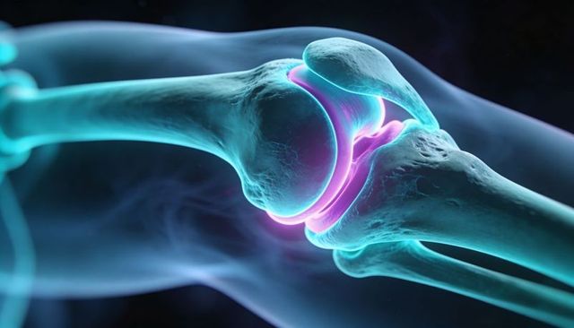 3d glowing knee joint anatomy highlighting femur, tibia and patella with neon cartilage