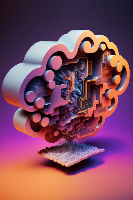 Digital artwork illustrating concept of cloud computing. Use for articles or blogs relating to technology, cloud architecture, big data, and digital transformation. Suitable for presentations, reports, and educational materials discussing IT infrastructure, innovation, and artificial intelligence. Ideal for conveying modern technological development and connectivity.