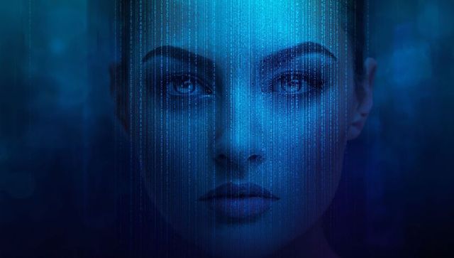Staring woman face glowing with falling binary code in blue cybernetic ai portrait