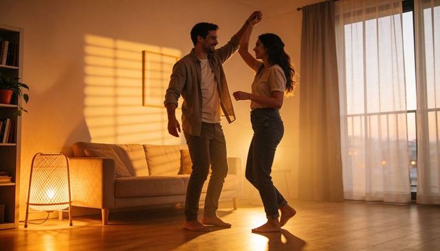 Barefoot couple dancing at sunset in cozy living room, twirling by sheer curtains