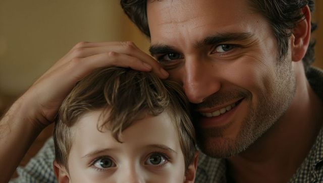 Smiling father holding young son close, sharing tender warmth and emotional parental bond