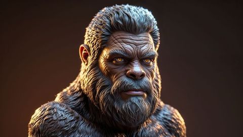 Mythical bigfoot creature with glowing amber eyes in dramatic portrait