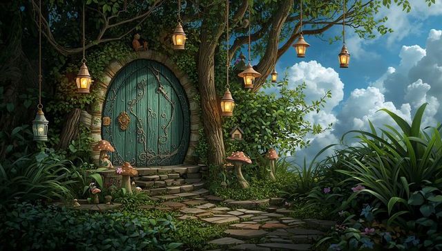 Enchanted woodland door with lanterns in mystical forest